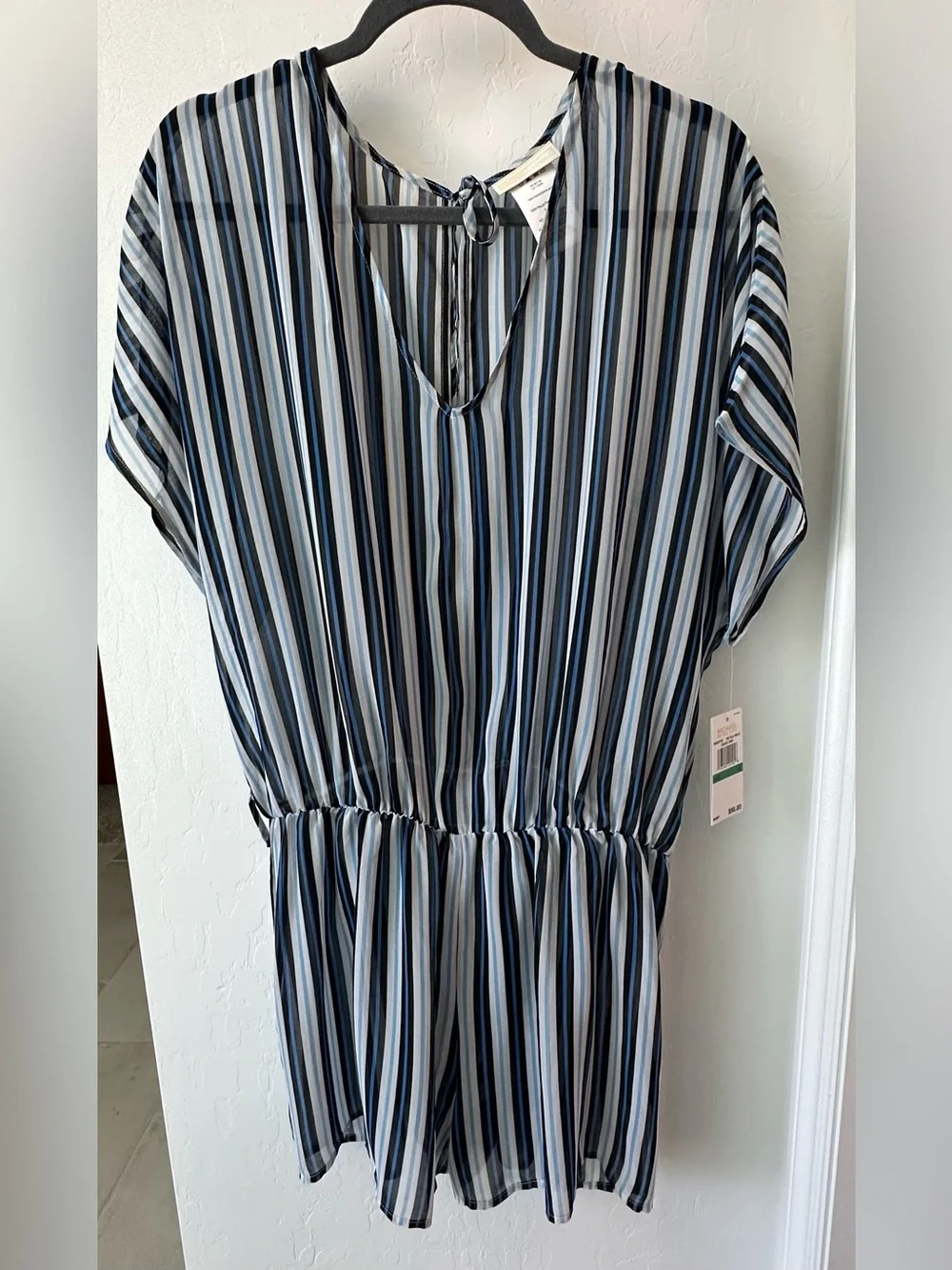 Swim Cover-up Romper L Womens Blue Striped Resort CoastalVacation (without belt)